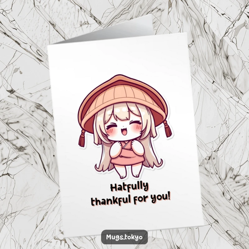Funny Free Printable Thank You Card: Character in a traditional Japanese hat gives a friendly wink, showing gratitude.