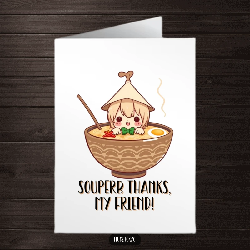 Funny Free Printable Thank You Card: Character in a tiny hat peeks from a ramen bowl, saying thank you.
