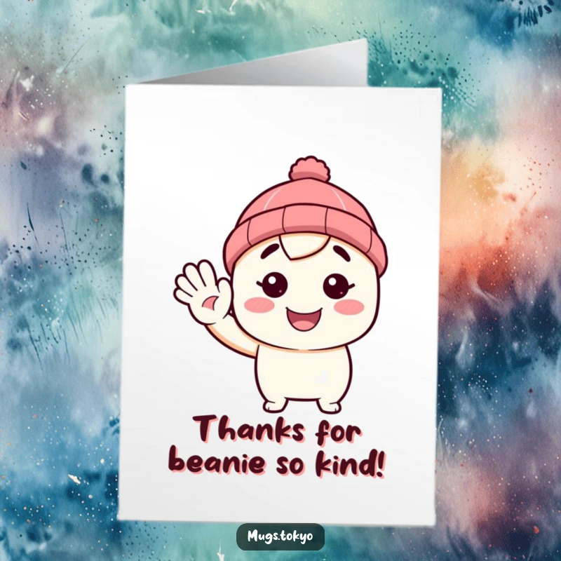 Funny Free Printable Thank You Card: Smiling Character in Beanie Waving Hello, Expressing Thanks