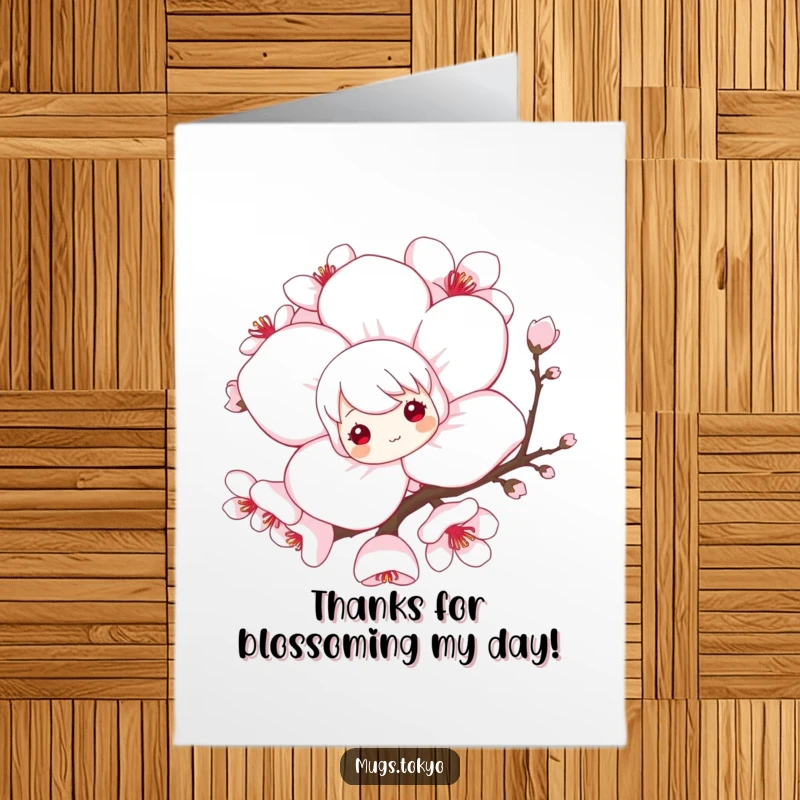 Funny Free Printable Thank You Card: Character peeking from behind a large cherry blossom, conveying thanks. A charming downloadable gift.