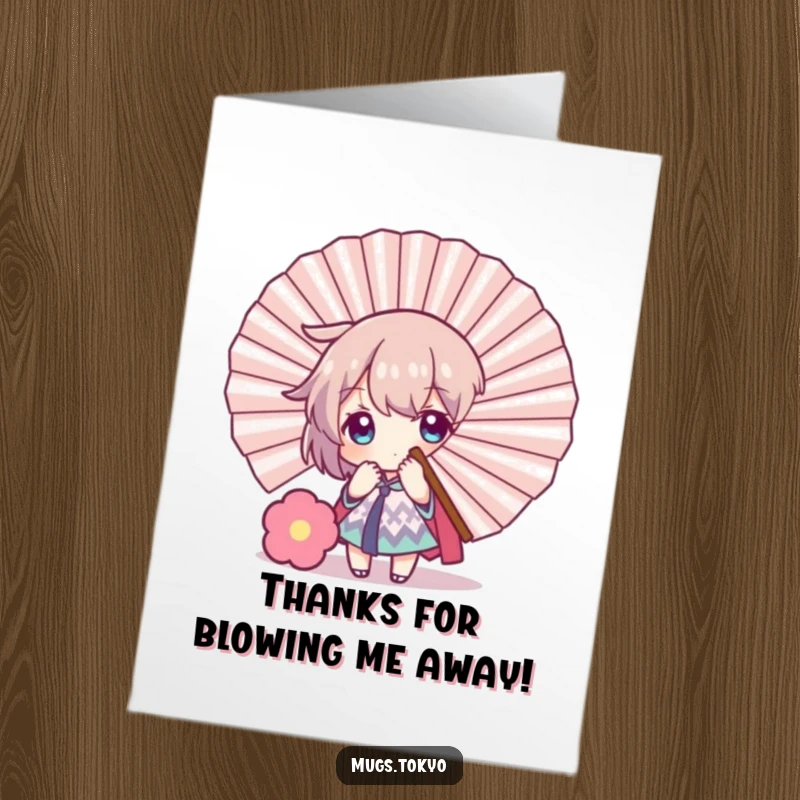 Funny Free Printable Thank You Card: Character playfully hiding behind a large fan, peeking out to say thanks with a grin.