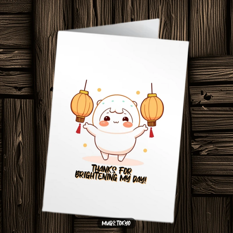 Funny free printable thank you card with a cheerful mochi character juggling lanterns, radiating gratitude.