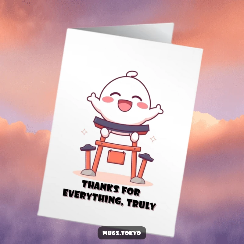 Funny Free Printable Thank You Card with a bouncy, grinning dango character leaping over a miniature shrine gate to express thanks.