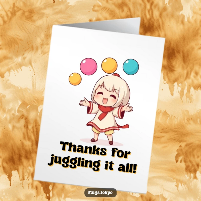 Funny Free Printable Thank You Card: A character juggling colorful dango balls, expressing thanks playfully.