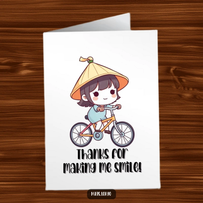 Cute free printable thank you card with a character in a Japanese hat riding a bicycle, conveying thanks with a sweet, journey-themed design.