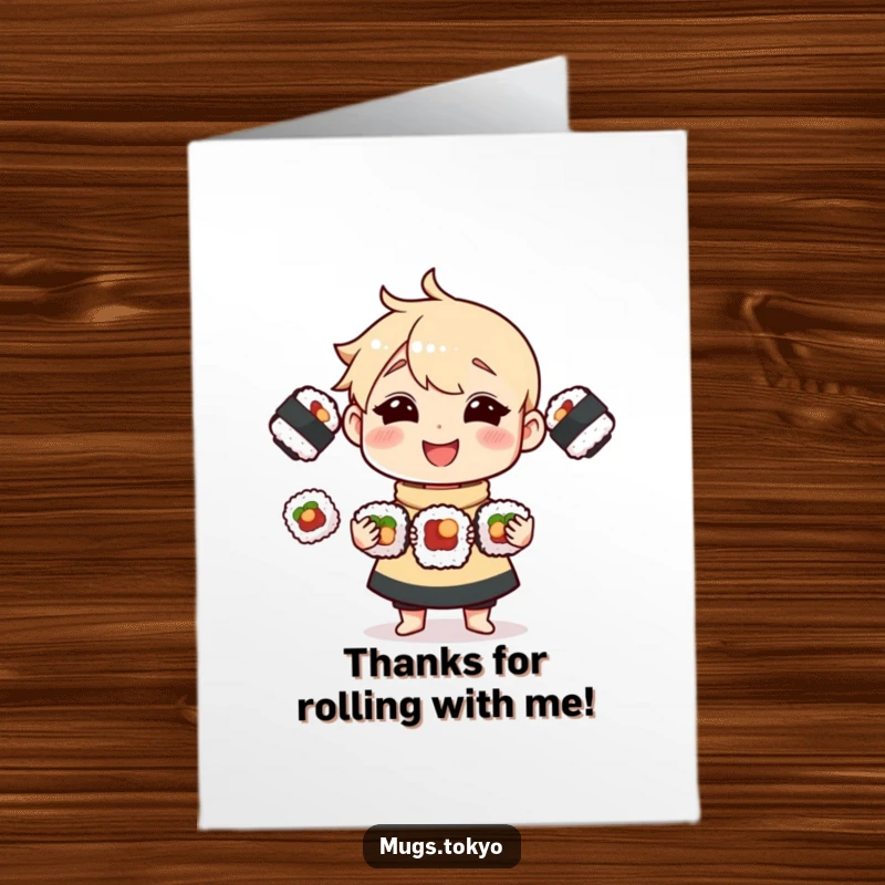 Funny Free Printable Thank You Card: A cheerful character juggling sushi rolls, showing gratitude in a playful, unique way.