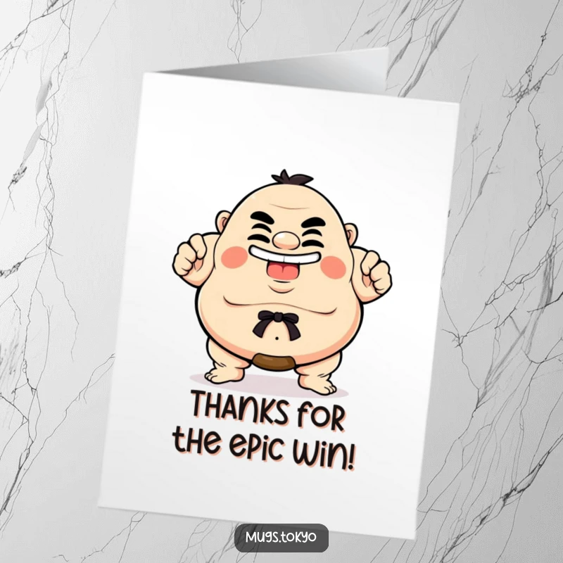 Funny Free Printable Thank You Card: Sumo wrestler giving a proud grin, expressing heartfelt thanks.