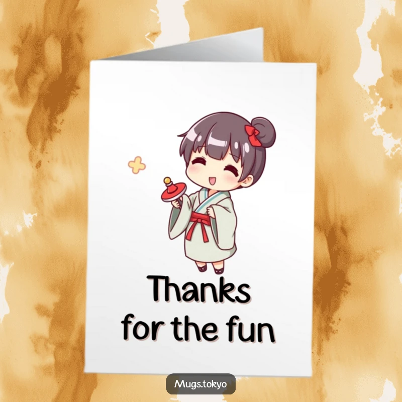 Funny Free Printable Thank You Card: Character in a yukata happily spinning a top, a fun way to show gratitude.