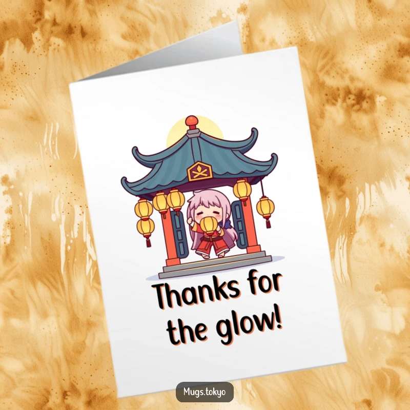 Funny Free Printable Thank You Card: a character juggling glowing lanterns under a temple, expressing thanks beautifully.