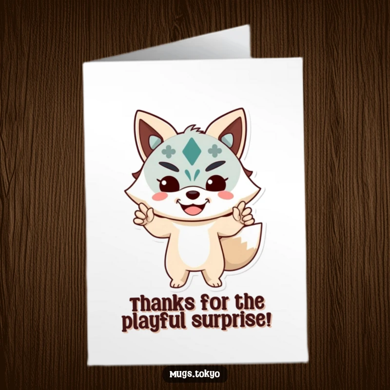 Funny Free Printable Thank You Card: Character wearing a vibrant, happy Kitsune mask striking a graceful pose, conveying polite thanks.