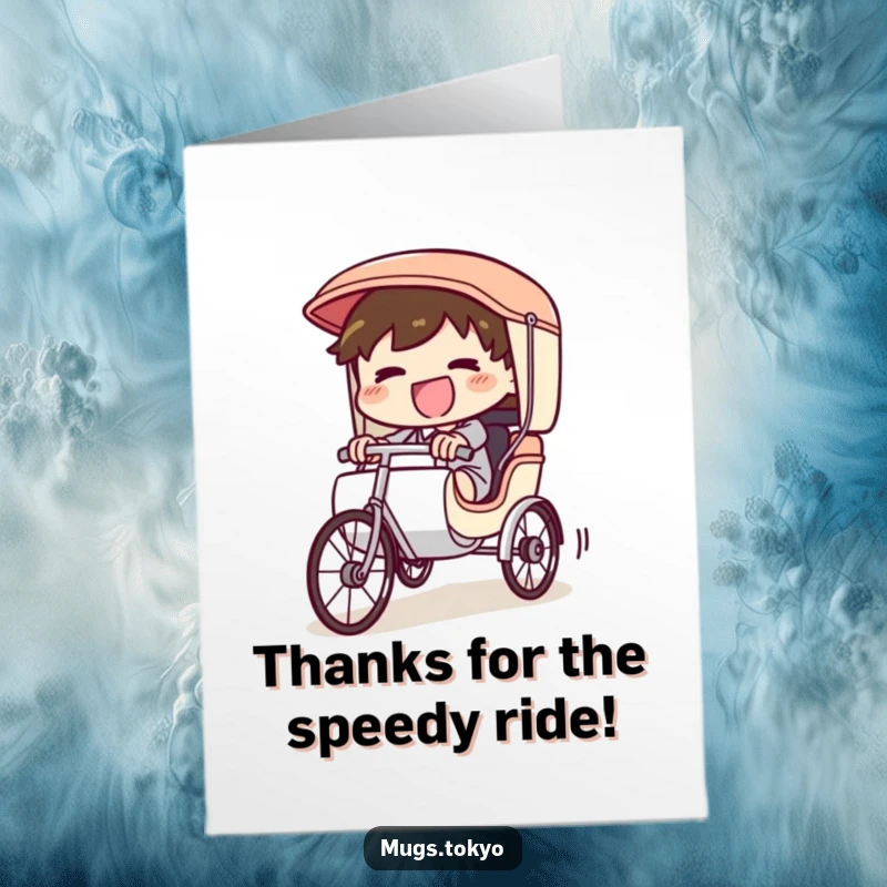 Funny Free Printable Thank You Card: A happy character races a tiny rickshaw downhill, conveying thanks with speed.