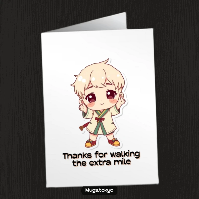 Funny free printable thank you card: Character in traditional footwear striking a playful pose to express gratitude.