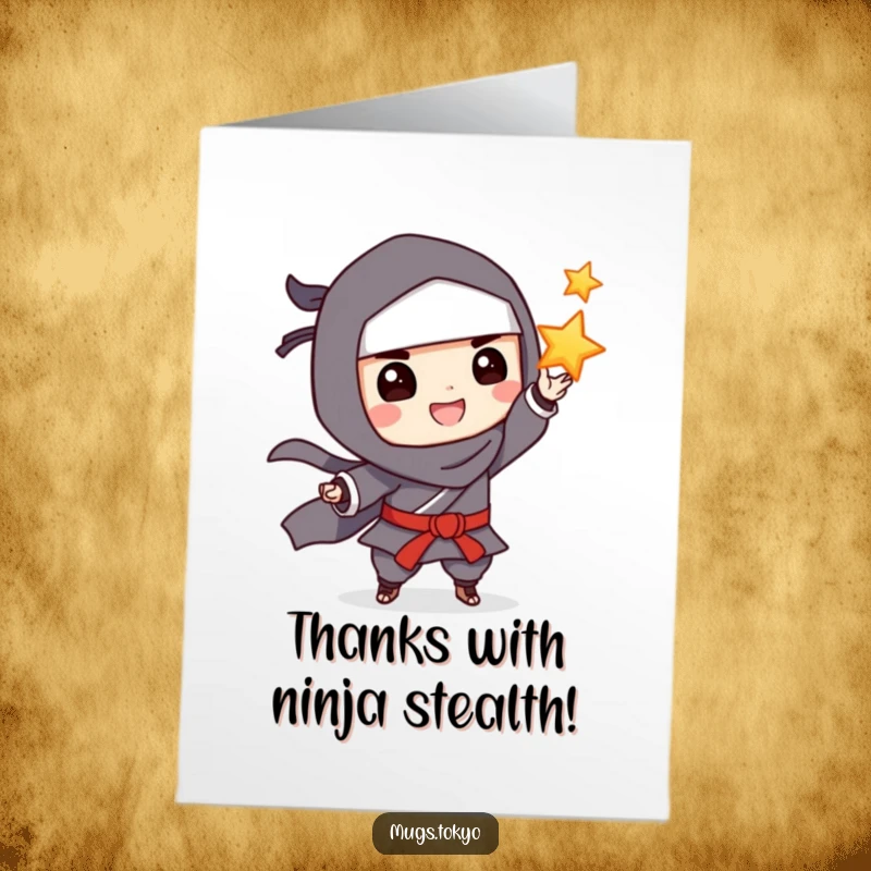 Funny Free Printable Thank You Card depicting a grinning ninja playfully tossing a star, expressing gratitude with flair.
