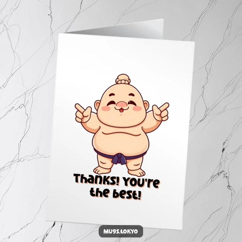 Funny Free Printable Thank You Card: Sumo wrestler character playfully pointing to express thanks with a humorous touch.