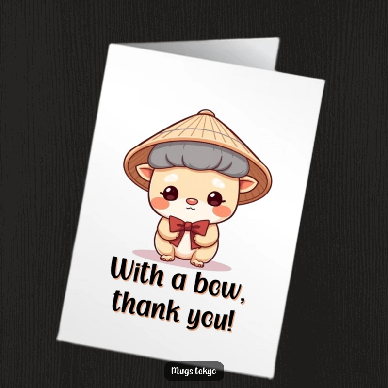 Funny Free Printable Thank You Card: A cute creature in a Japanese hat bows shyly, offering heartfelt thanks.