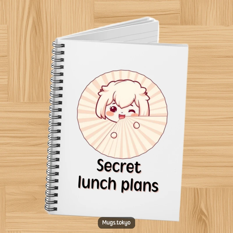 Funny bento box notebook with a smiling character excitedly peeking from behind a large paper fan, for jotting down ideas.