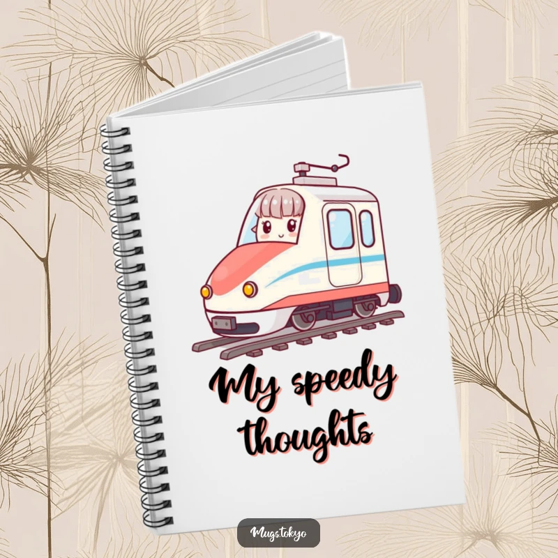Funny notebook with a character speeding on a miniature bullet train, ideal for capturing fast ideas.
