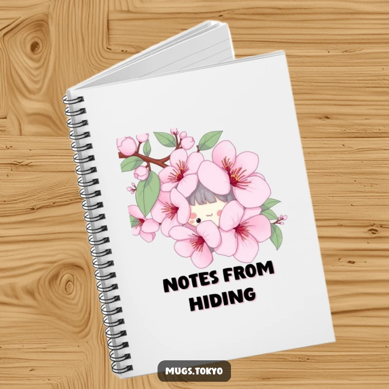 Funny notebook with a playful character peeking from behind a stylized cherry blossom, ideal for capturing spring thoughts.