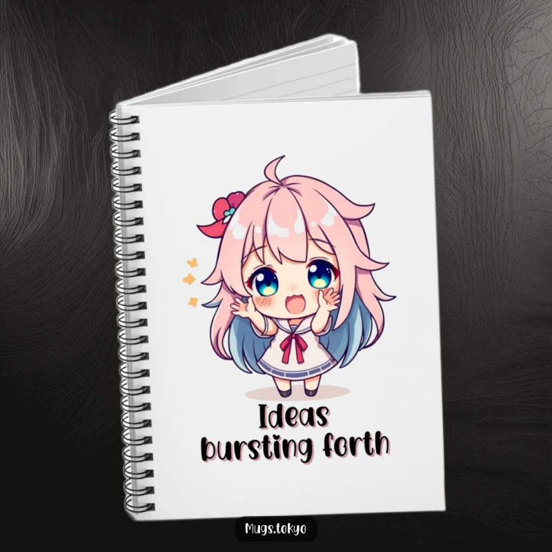 Funny character with vibrant, colorful hair making excited gestures on a notebook cover, inspiring energetic and humorous note-taking.