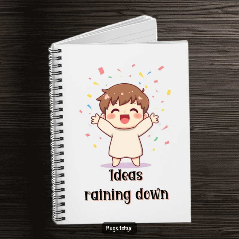 Funny notebook with a cheerful character joyfully tossing colorful confetti, ideal for writing down thoughts and party plans.