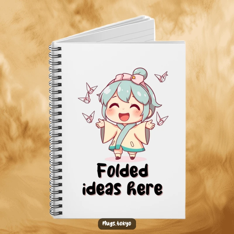 Funny notebook cover illustration of a happy character juggling a colorful assortment of tiny origami cranes, inspiring creativity and joy.