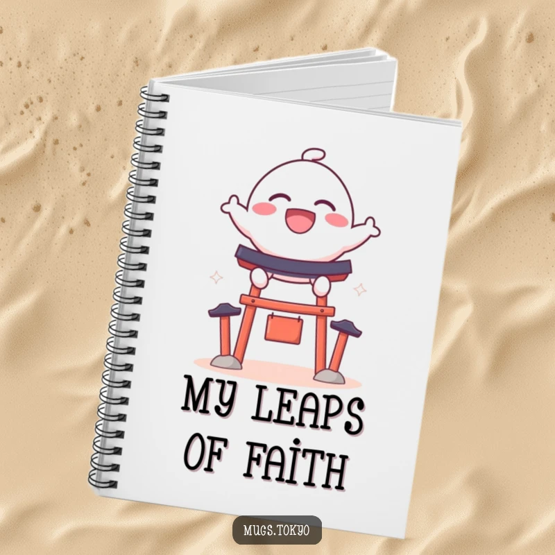 Funny notebook with a bouncy dango character with a wide grin, leaping over a miniature shrine gate, for jotting ideas.