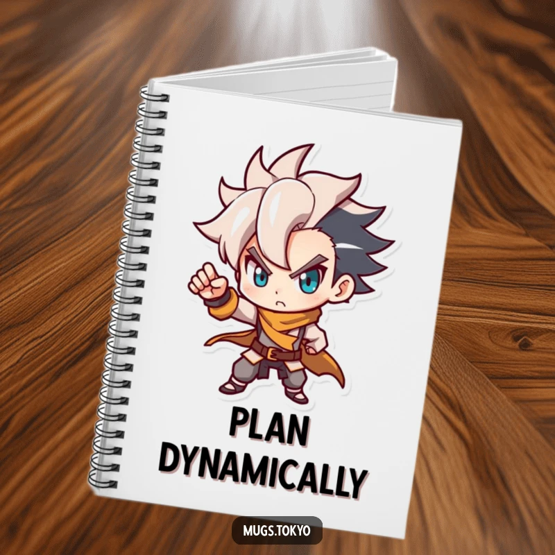 Funny notebook with a determined character, stylish haircut, posing dynamically. Ideal for notes and strategic planning.
