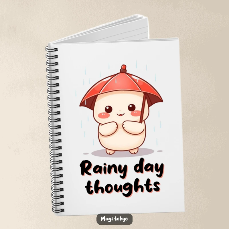 Funny notebook featuring a cute dumpling character with a tiny red umbrella, peeking from a downpour, perfect for charming notes.