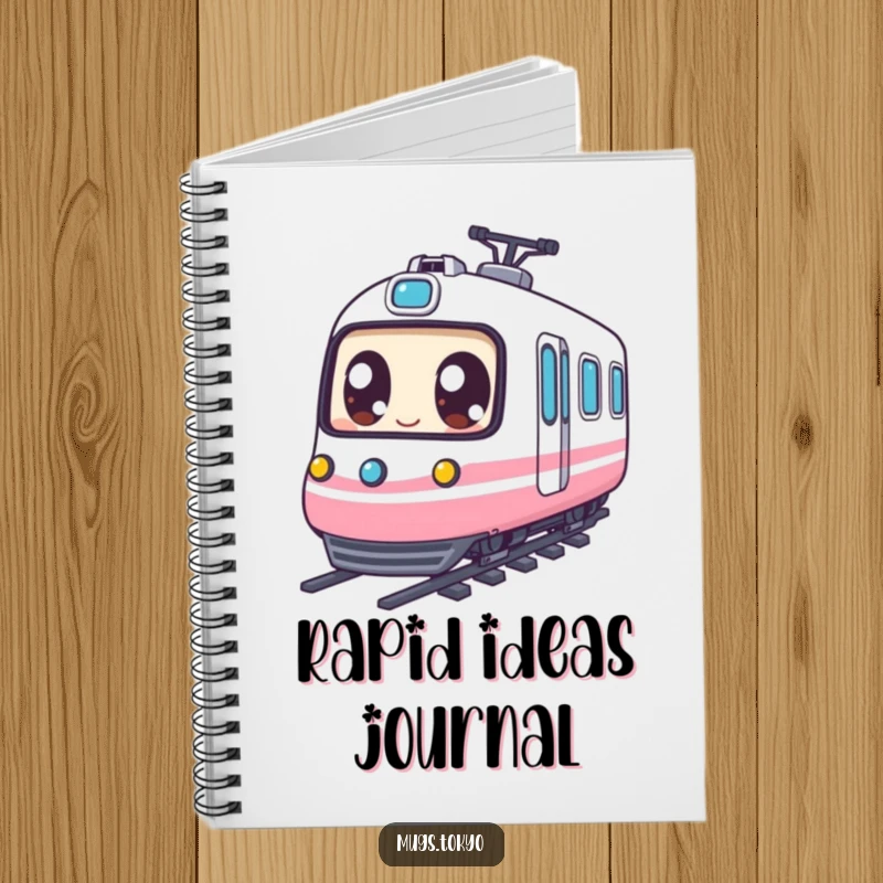 Funny Notebook: Character with large expressive eyes happily riding a miniature bullet train, inspiring creativity and joy.
