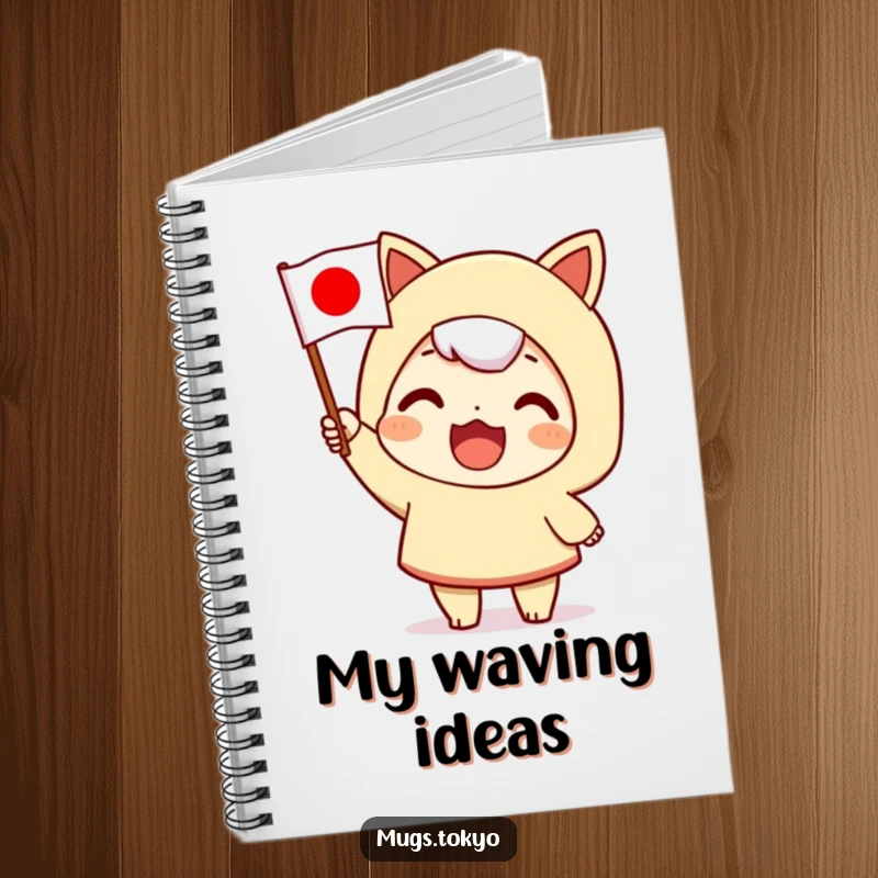 Funny notebook with a character enthusiastically waving a Japanese flag, perfect for jotting down notes and ideas.