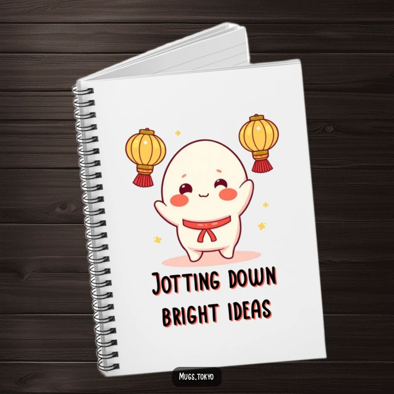 Funny notebook featuring a cheerful mochi character, rosy cheeks, juggling illuminated lanterns, perfect for jotting down ideas with humor.