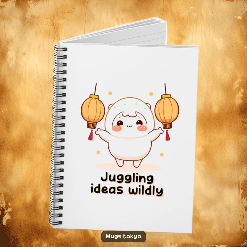 Funny cheerful mochi character juggling luminous lanterns on a notebook cover, for bright ideas.