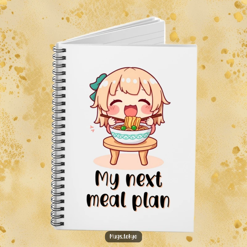 Funny notebook cover with a character joyfully eating from a steaming bowl of noodles, inspiring creativity.
