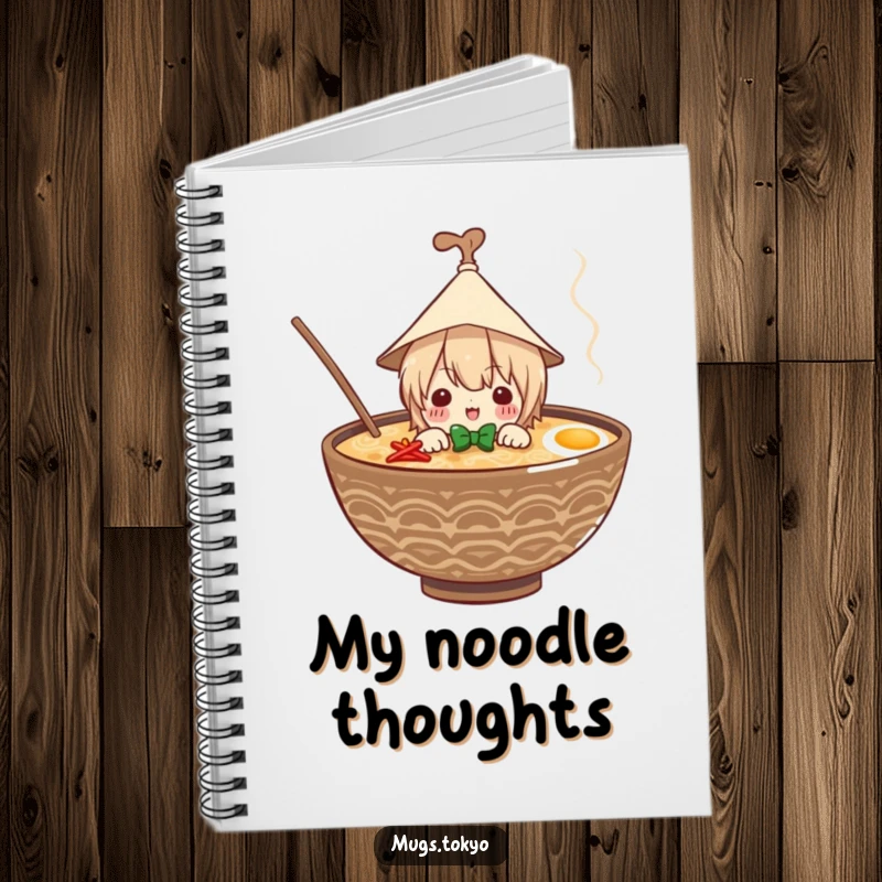 Funny notebook with a cute character in a paper hat peeking from a ramen bowl, perfect for jotting down notes and recipes.