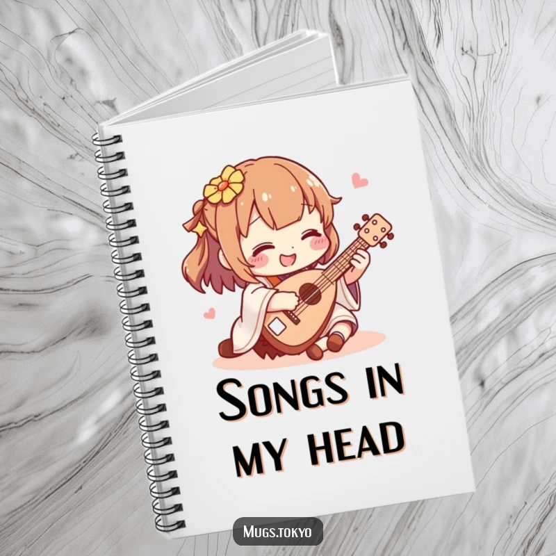 Funny shamisen player notebook, a character happily playing a miniature shamisen, ideal for jotting down music notes and funny thoughts.