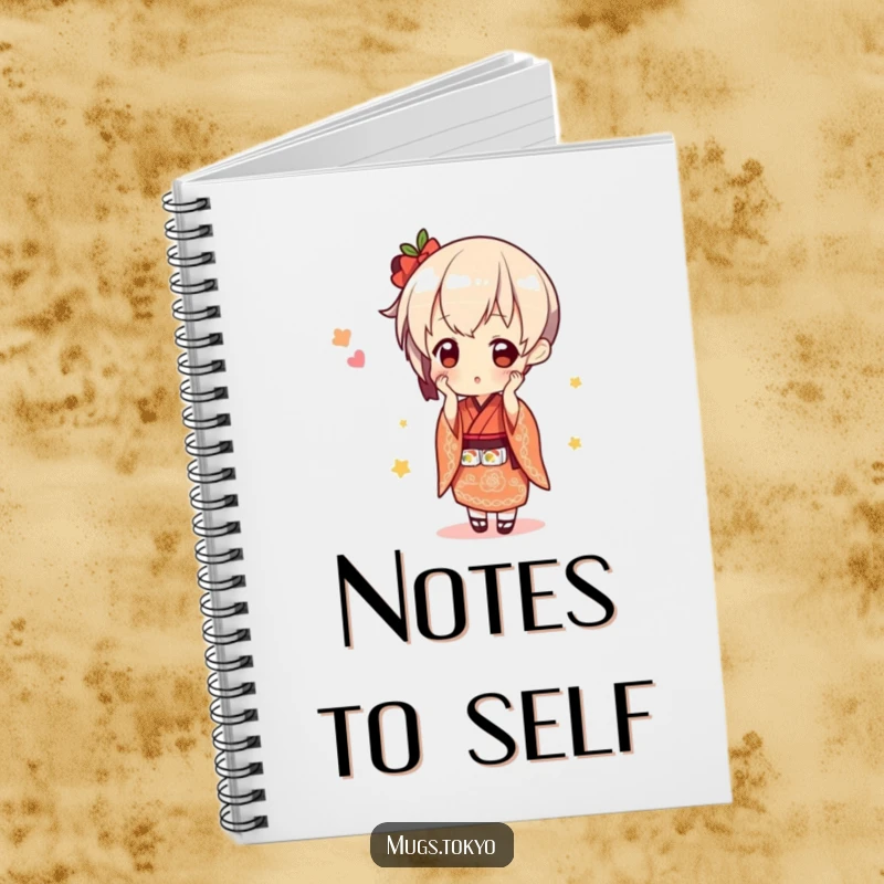 Funny cute character in a kimono, balancing sushi, a lined notebook with a charming and humorous cover.