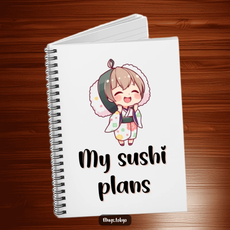 Funny notebook with a cute character in a kimono holding a massive sushi roll, perfect for jotting down notes and recipes.