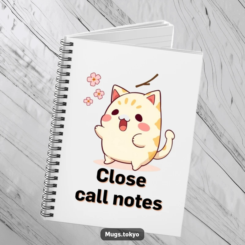 Funny notebook with a surprised taiyaki character, wagging tail, narrowly escaping a falling cherry blossom, ideal for humorous notes.