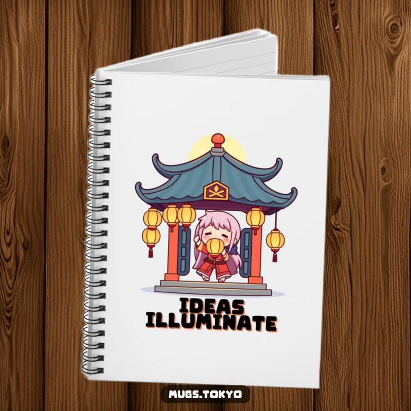 Funny notebook cover featuring a character juggling glowing lanterns beneath a stylized temple roof, encouraging creativity.