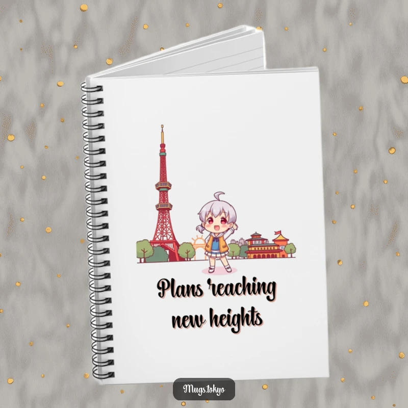 Funny notebook cover with a character playfully posing before a stylized Tokyo Tower, ideal for jotting notes.