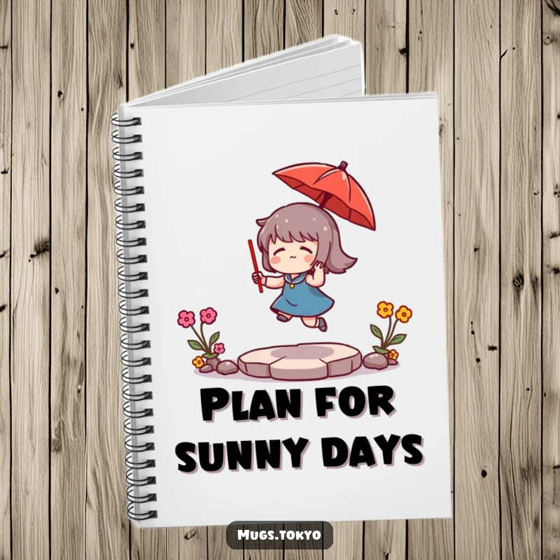 Funny Notebook: A character humorously bounces a tiny red umbrella, perfect for note-taking with a dose of whimsical fun.