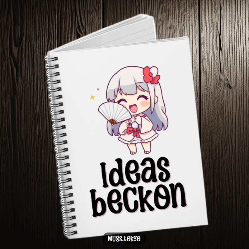 Funny notebook with a cheerful character holding a paper fan, playfully beckoning. Ideal for notes and creative inspiration.