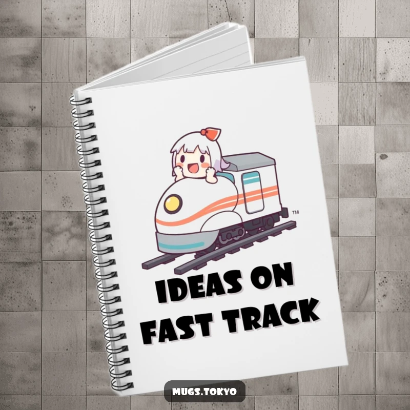 Funny notebook cover with a cute character happily riding a miniature bullet train, perfect for capturing fast thoughts.