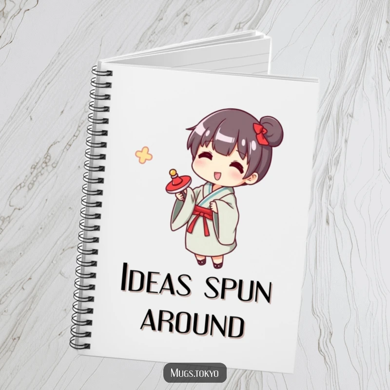 Funny yukata spinner notebook, a character in a yukata happily spinning a top, for jotting down notes and playful ideas.