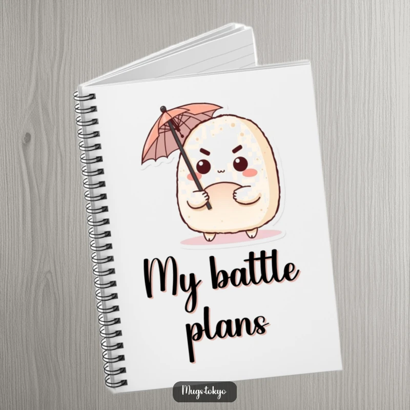 Funny notebook with a cute onigiri character with a determined expression, wielding a tiny umbrella, for jotting ideas.