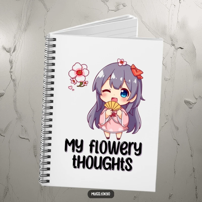 Funny cherry blossom fan notebook with a cute character holding and waving a small fan adorned with cherry blossoms, ideal for journaling.