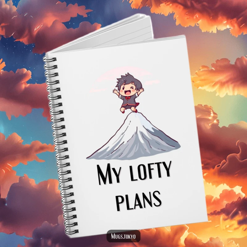 Funny Notebook with a joyful character leaping over a stylized Mount Fuji, perfect for jotting down adventurous notes and fun thoughts.