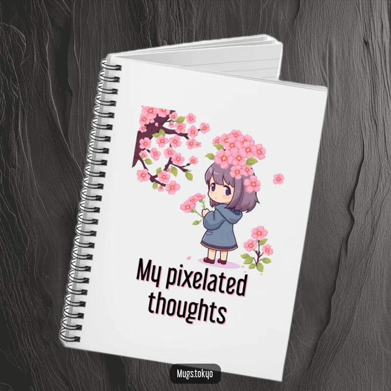 Funny Notebook with a character admiring a large pixelated cherry blossom bouquet, perfect for jotting down ideas and pixel art inspiration.