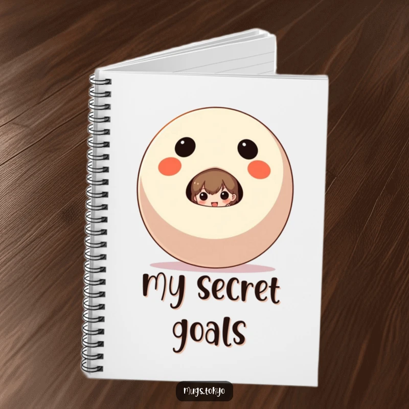 Funny Notebook with a character peeking out from behind a giant Daruma doll, for inspired note-taking.