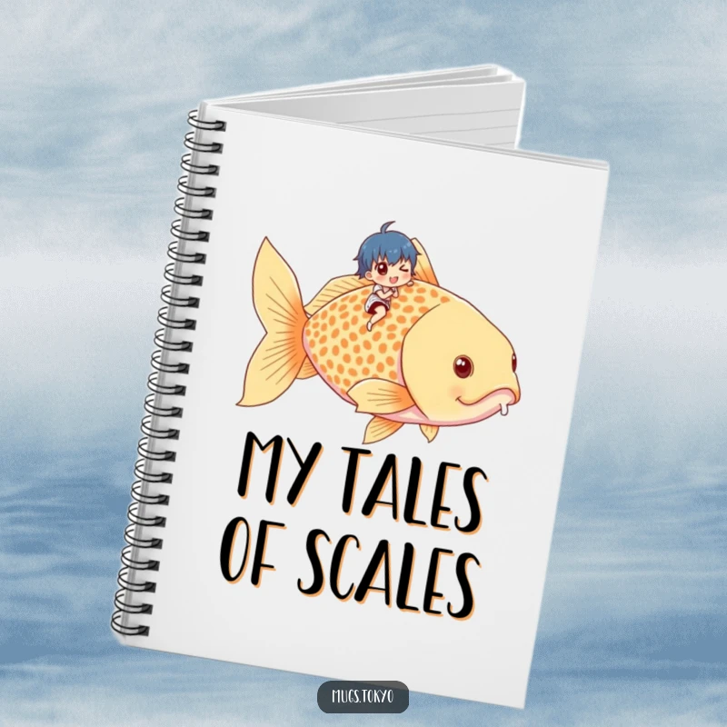 Funny notebook with a tiny character happily riding a giant goldfish, perfect for jotting down humorous ideas.